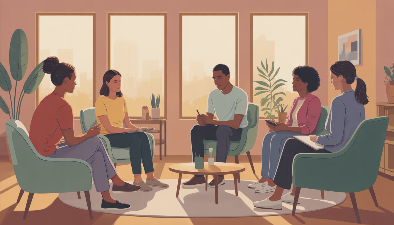 A diverse group in a bright therapy office in Denver, with a therapist attentively listening during a supportive session.