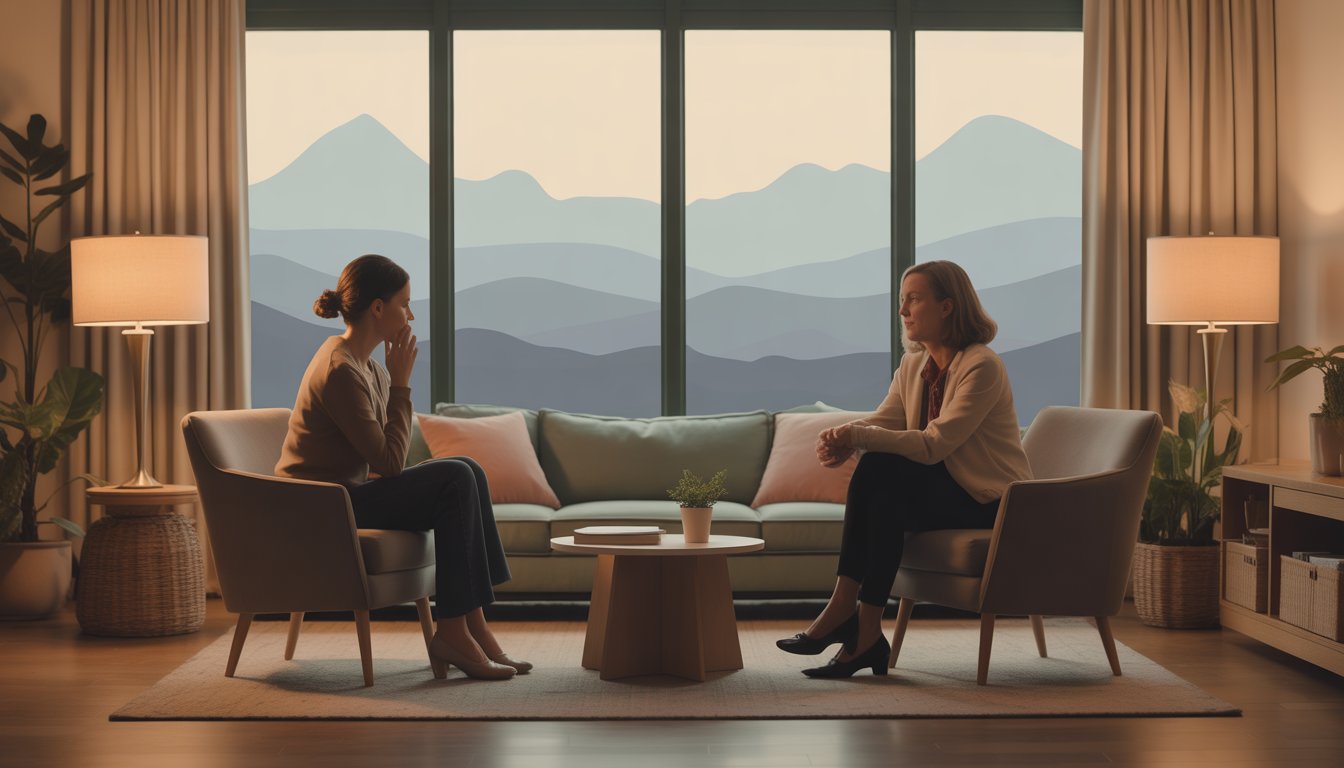 A therapist attentively listening to a client in a cozy office with a view of mountains through large windows.