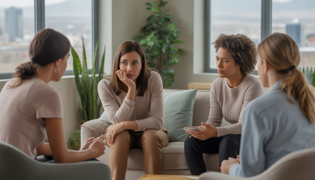 A therapist attentively listening to a client in a bright, comfortable therapy office with a view of Denver city in the background.