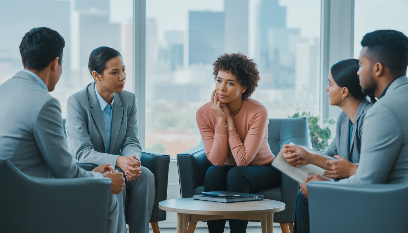 A therapist speaking with a thoughtful client in a bright, modern office with a view of Denver in the background.