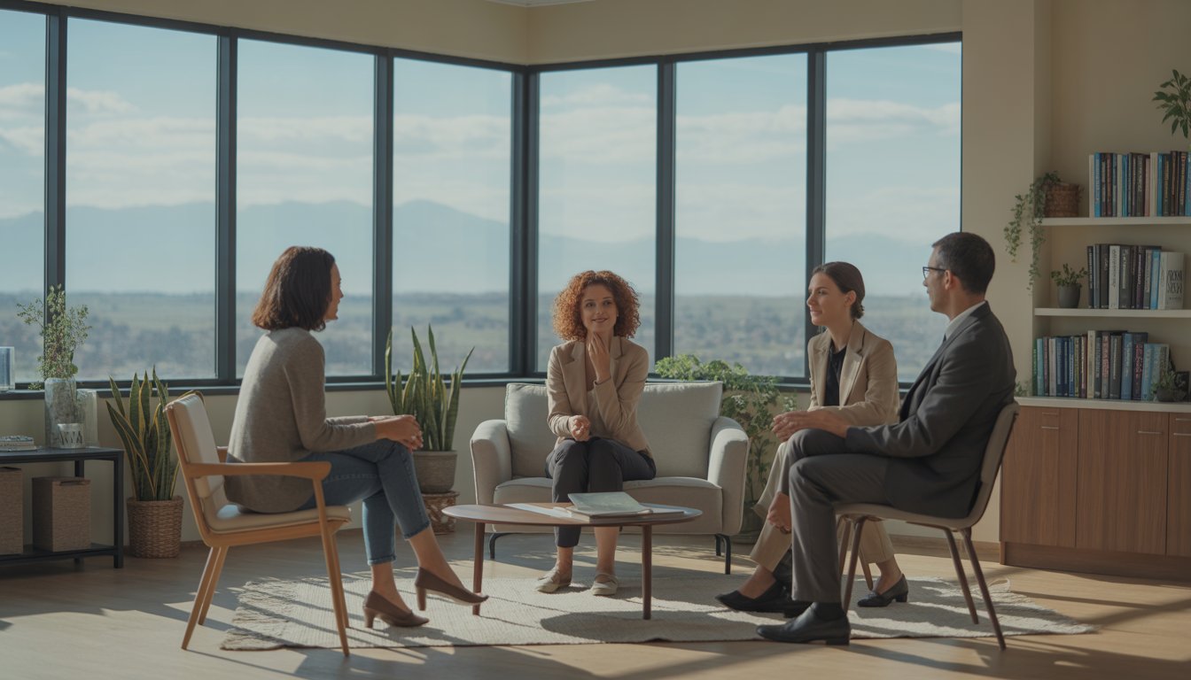 A group of therapists talking with a thoughtful client in a bright therapy office with a view of Denver and mountains.