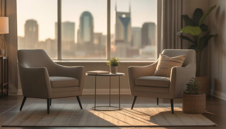 A bright and cozy therapy room with a comfortable armchair, a small table with a plant and notebook, and a window showing a city view.