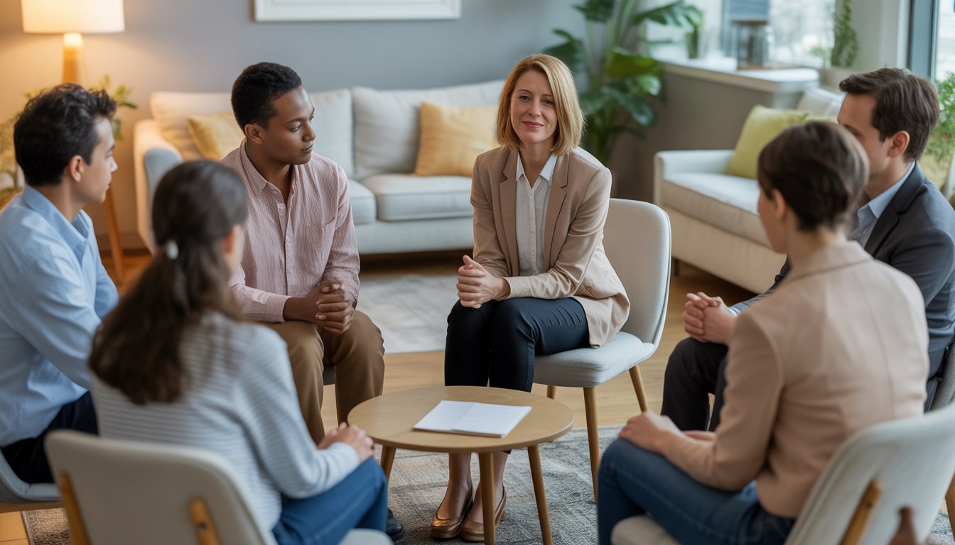 A diverse group of adults sitting in a circle in a bright counseling office, engaged in a supportive group therapy session.