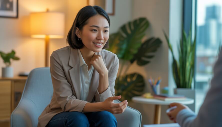 A woman sitting in a warmly lit therapy office, attentively listening with a calm and empathetic expression.