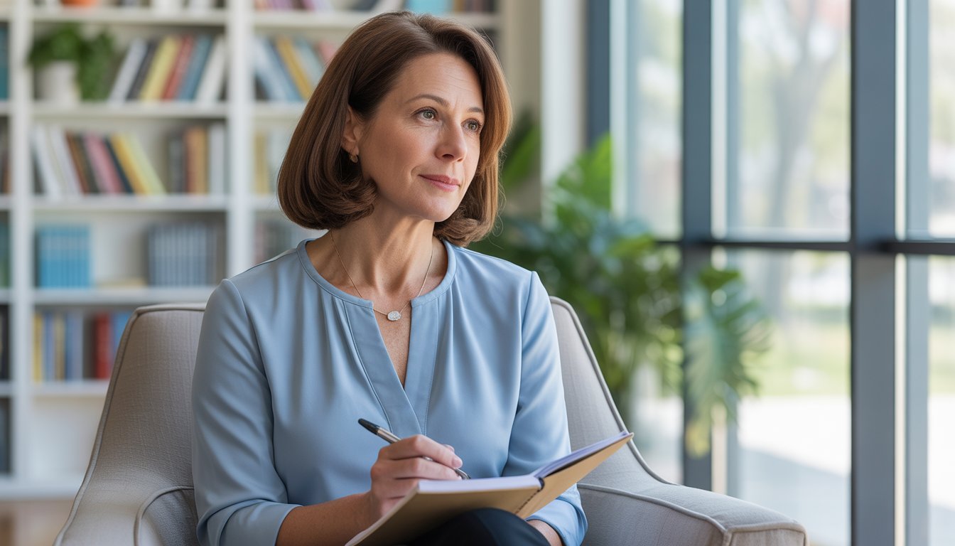 A woman sitting in a bright office with bookshelves and plants, holding a notebook and pen, looking attentive and approachable.