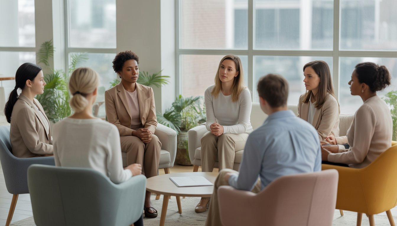 Seven therapists sitting in a circle in a bright, calm therapy office with natural light and plants, engaged in a supportive group session.