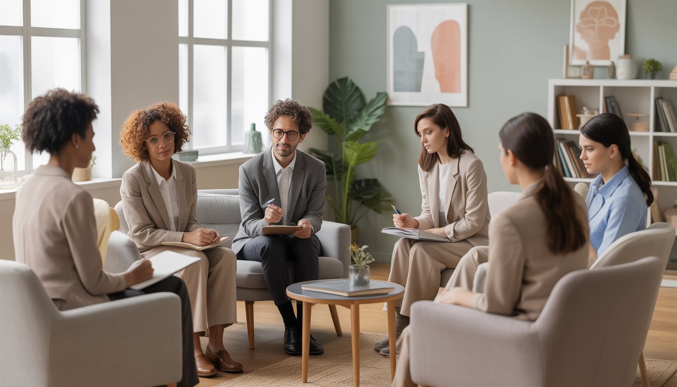 Therapists in a bright, comfortable office attentively listening to a client during a therapy session.