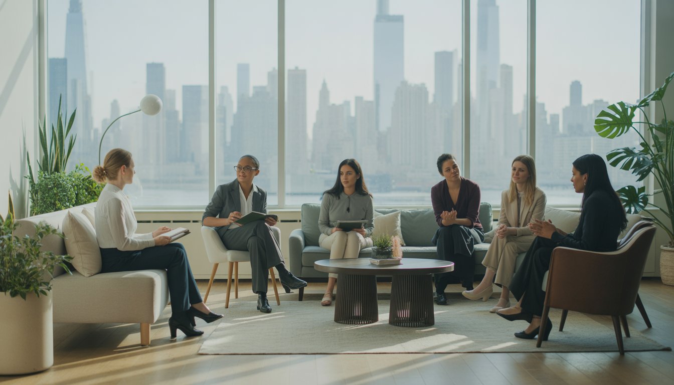 Therapists talking with a client in a bright, welcoming therapy center with a view of Manhattan.