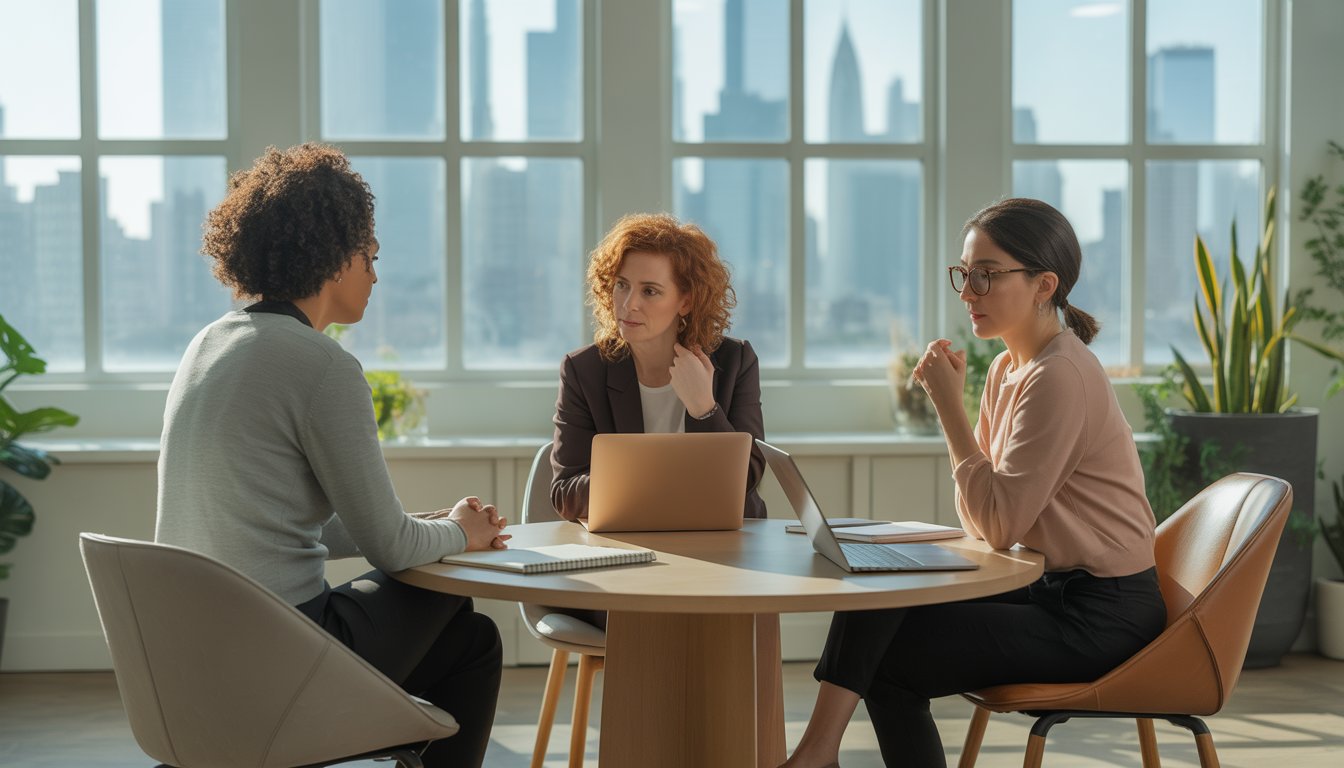 Three therapists talking together in a bright office with large windows showing the New York City skyline.