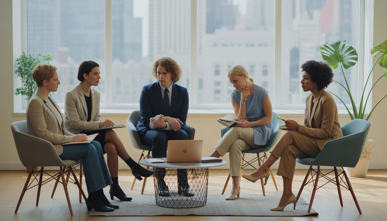 A group of therapists having a supportive discussion in a bright counseling office with a city view.