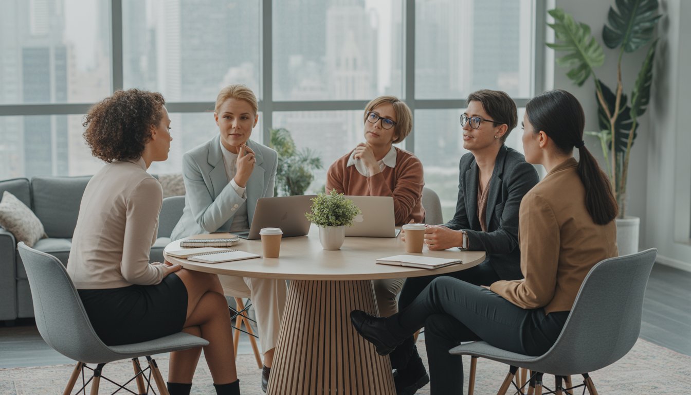 A group of therapists in a bright office in Midtown New York, engaged in a discussion around a table with city buildings visible through the windows.