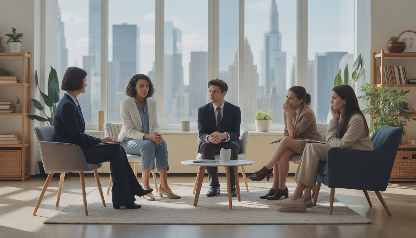 Therapists and clients having a supportive conversation in a bright office with a view of the New York City skyline.