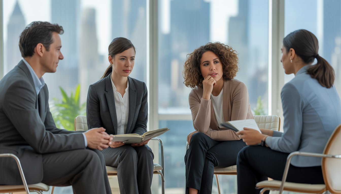 A group of therapists talking with a thoughtful client in a bright office with a view of the New York City skyline.
