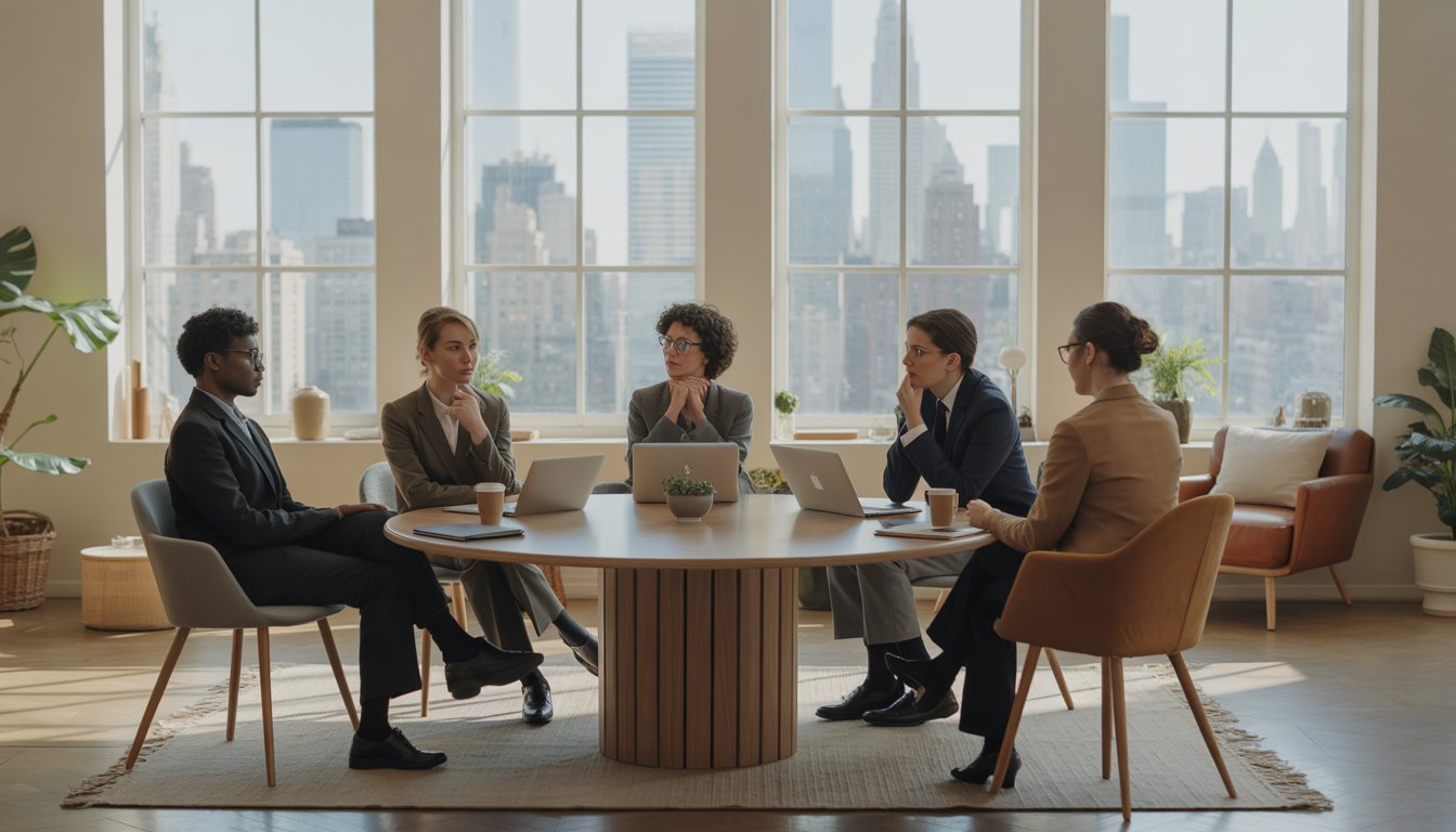 Therapists having a thoughtful discussion in a bright office with a view of the New York City skyline.