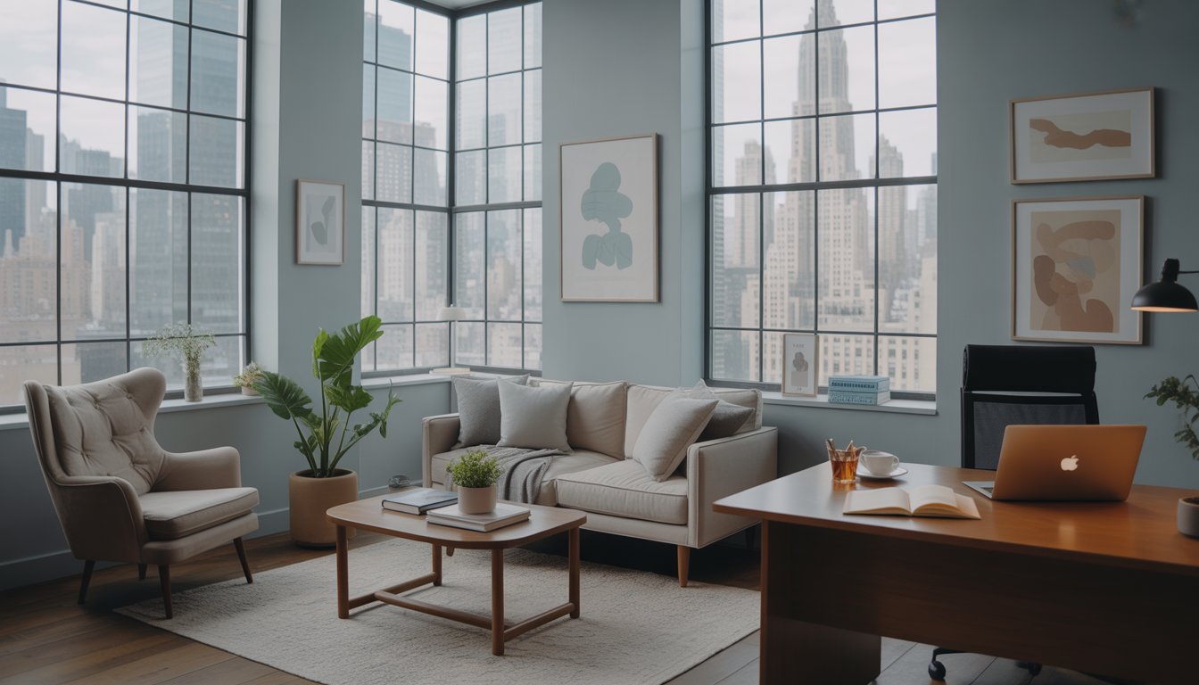 A calm therapist's office with comfortable seating, large windows showing a city view, and a tidy desk.