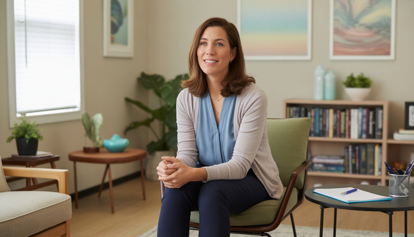 A female therapist sitting in a bright, comfortable counseling office with plants and bookshelves, looking warm and approachable.