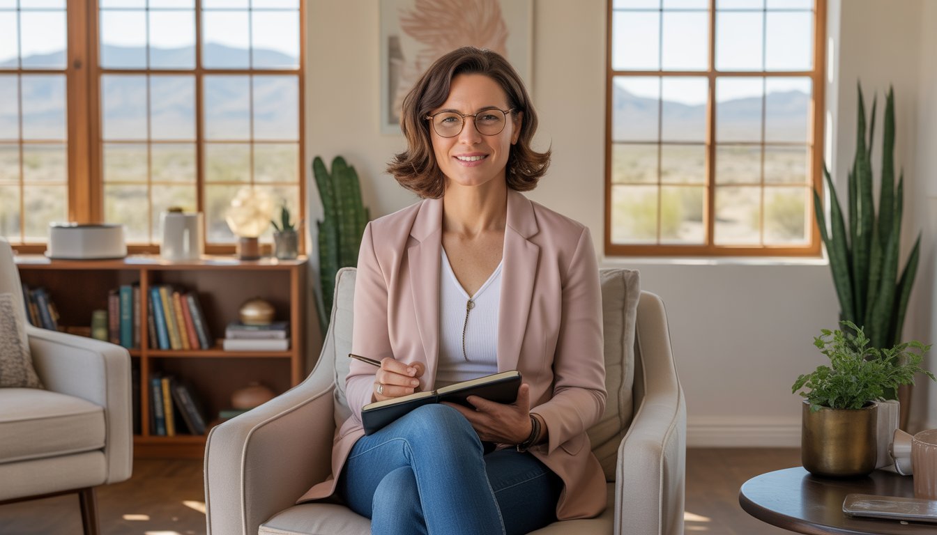A female therapist sitting in a bright office with large windows showing a desert landscape, holding a notebook and smiling gently.
