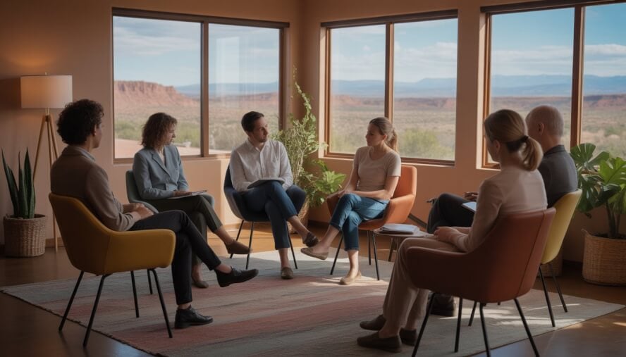 A warm therapy office in Santa Fe with a therapist and clients seated in a circle, surrounded by natural light and Southwestern landscape visible through windows.