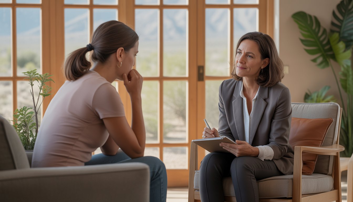 A female therapist attentively listens to a client during a therapy session in a bright, comfortable office with a desert view.