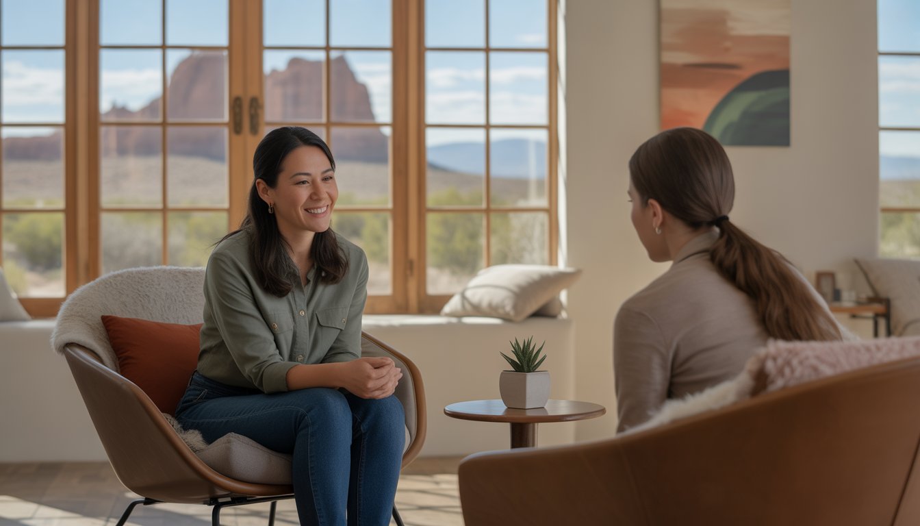 A therapist and a client sitting in a bright therapy office with large windows showing a desert landscape outside.