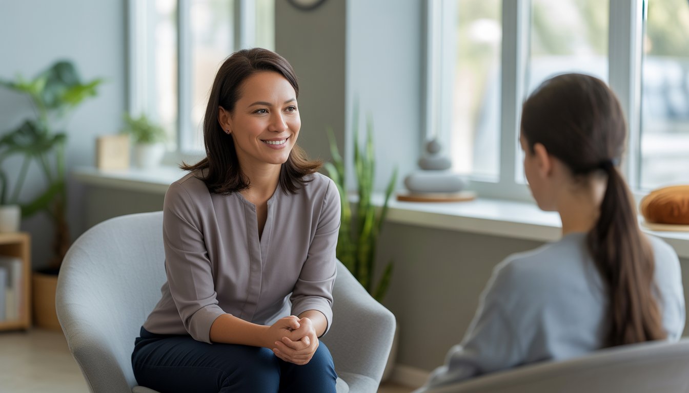A female therapist and a young adult client in a calm, well-lit therapy office with plants and mindfulness decor.