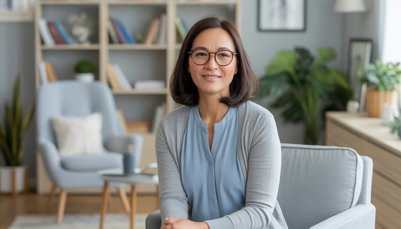 A female therapist sitting in a cozy office, smiling warmly and making eye contact.