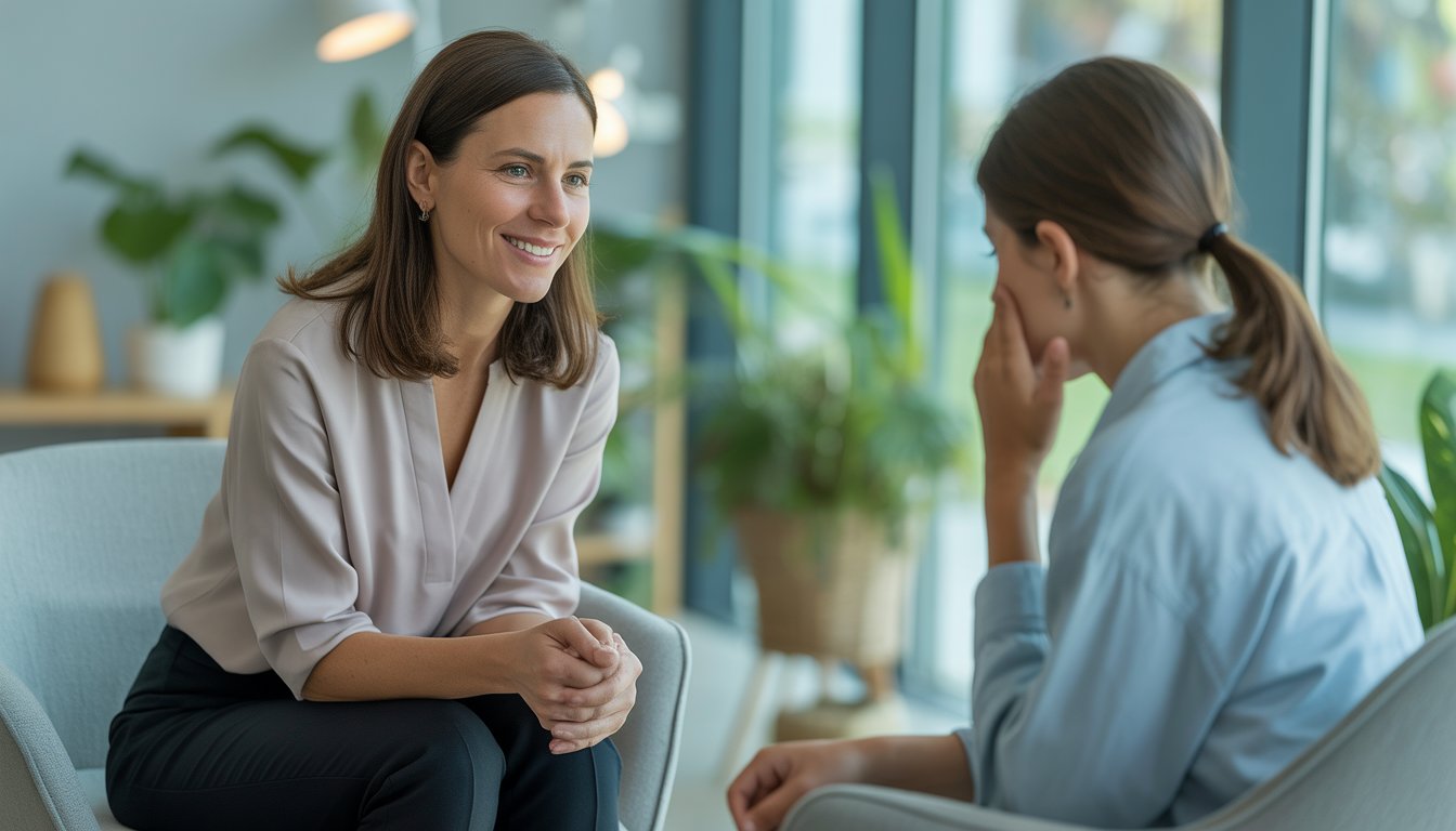 A female therapist attentively listening to a young adult client in a calm, well-lit office with plants and natural light.