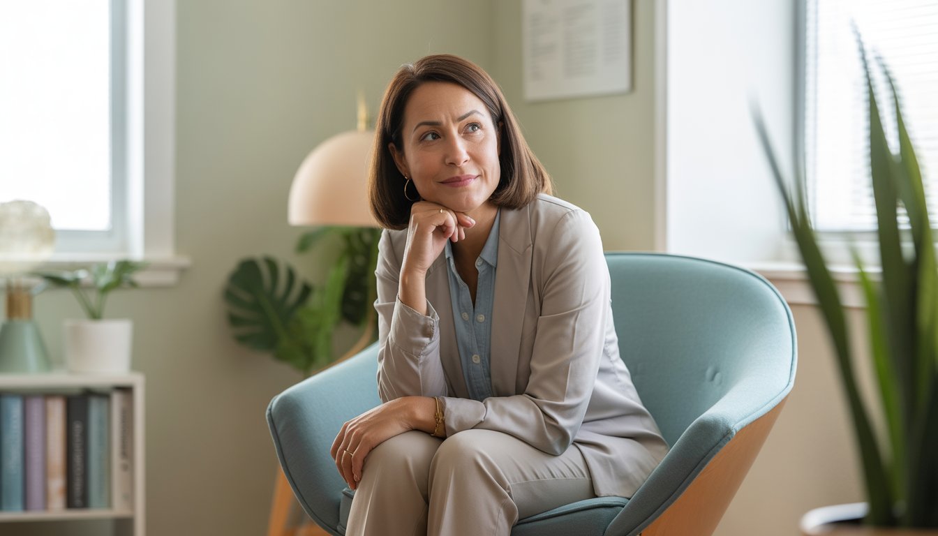 A middle-aged woman therapist sitting in a cozy office with natural light, books, and plants, looking calm and approachable.