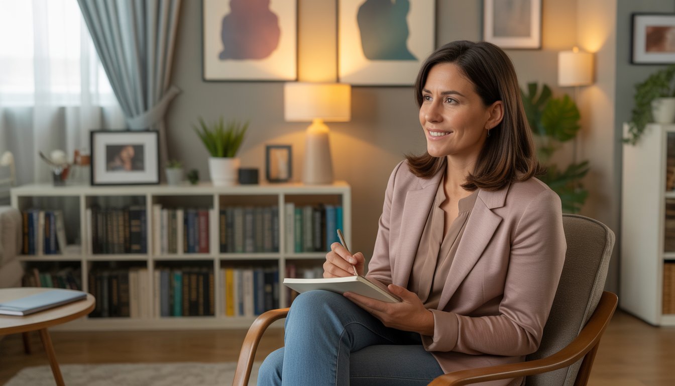 A female therapist sitting in a comfortable chair in a warmly lit office, attentively listening and smiling gently.