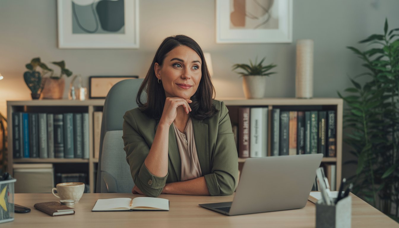 A female therapist sitting in a modern office with bookshelves and plants, looking approachable and professional.