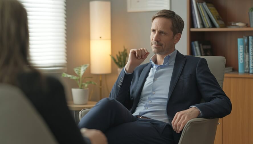 A middle-aged male therapist sitting in a comfortable office, appearing calm and attentive.