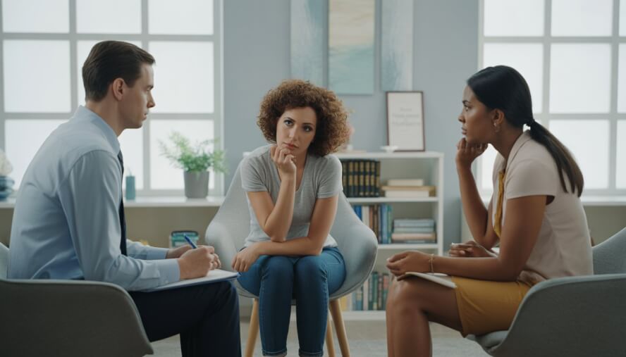 A therapist and client engaged in a supportive conversation in a bright, comfortable therapy office.