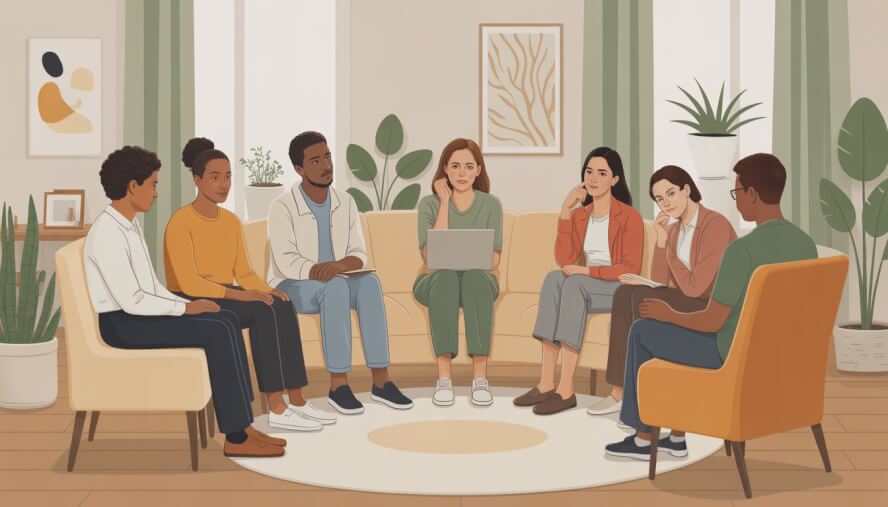 A diverse group of people in a bright, comfortable therapy room engaged in a supportive session with a professional therapist.