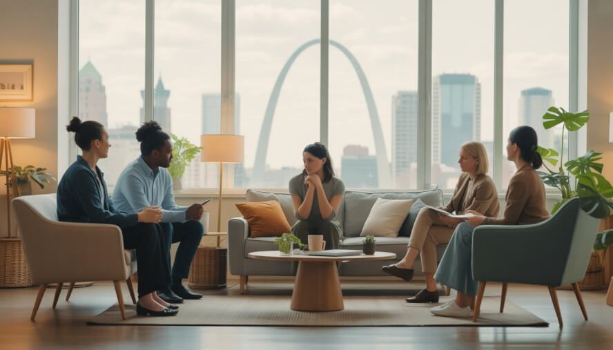 A therapist and client having a supportive conversation in a bright, comfortable therapy office with a view of the St. Louis city skyline.