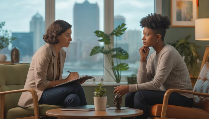 A therapist and a client engaged in a counseling session in a bright office with a view of the city outside.