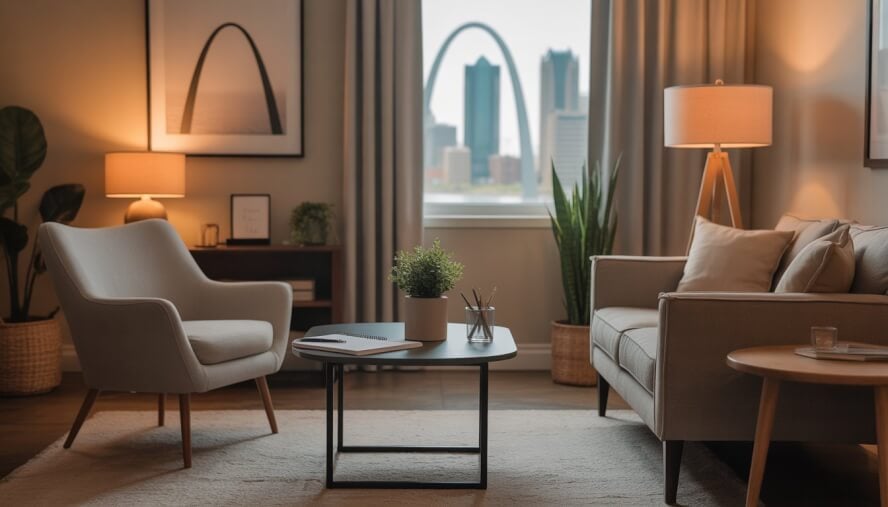 A cozy therapy office with comfortable seating, warm lighting, and a window showing the St. Louis Gateway Arch artwork on the wall.
