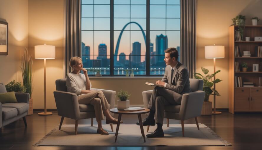 A therapist and a person having a thoughtful conversation in a cozy therapy office with a window showing the St. Louis skyline and the Gateway Arch.