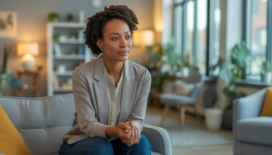 An African American woman sitting in a comfortable therapy office, attentively listening with a calm and caring expression.