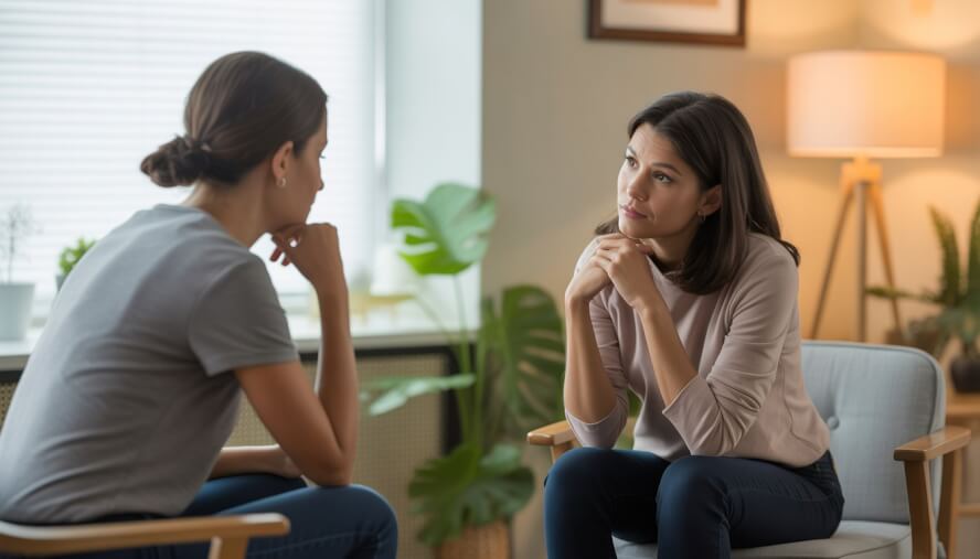 A therapist and client having a calm conversation in a cozy therapy office with natural light and plants.