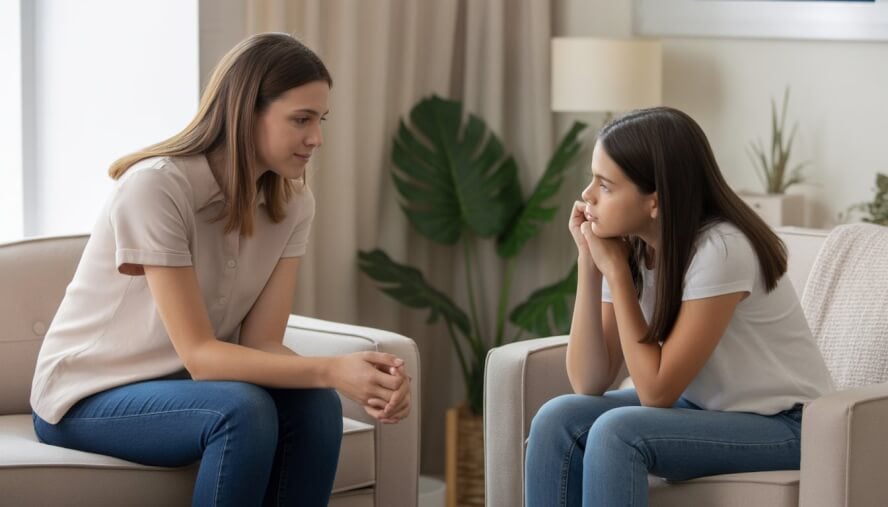 A female therapist attentively listening to a teenage client in a comfortable therapy office.