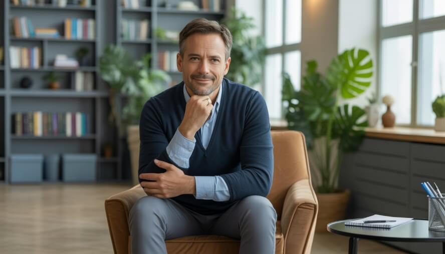 A middle-aged male therapist sitting in a comfortable office chair with bookshelves and plants in the background, smiling gently.
