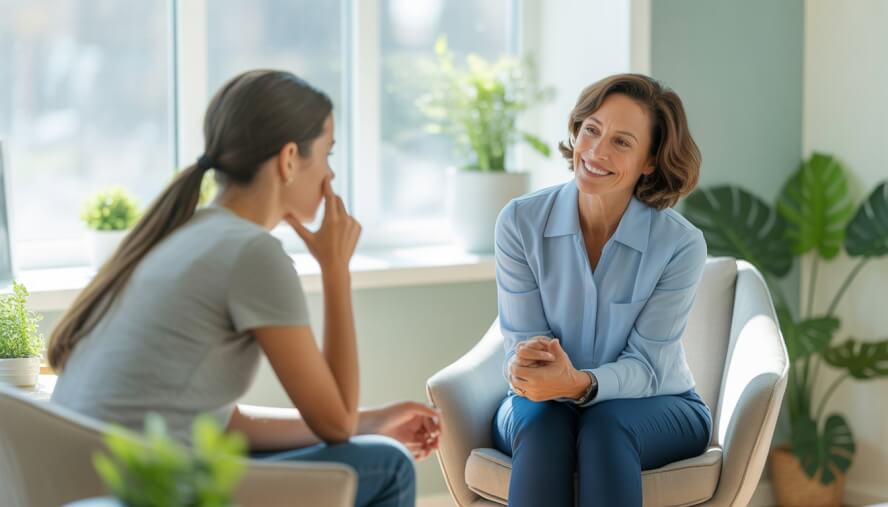 A therapist attentively listening to a young adult client in a bright, calm counseling office with natural light and plants.