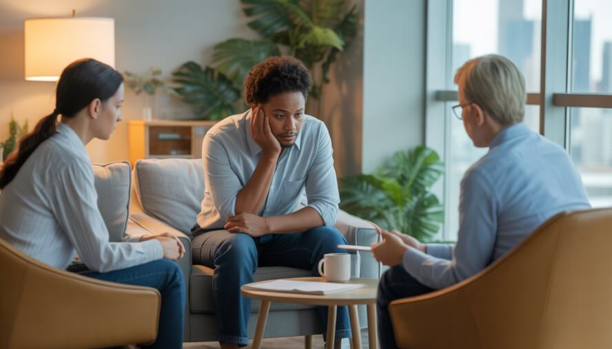 A therapist attentively listening to a thoughtful person during a counseling session in a bright office with a view of a city skyline.