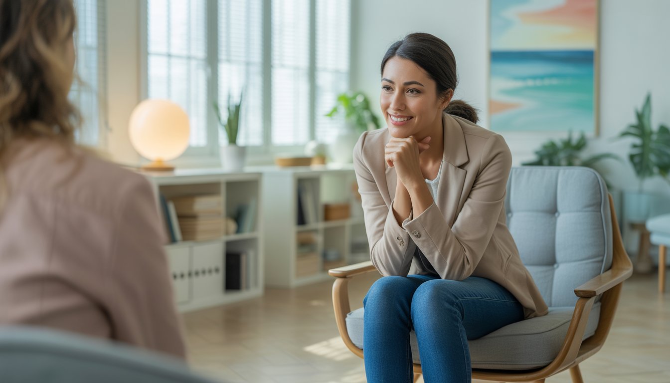 A female therapist sitting in a comfortable office, speaking attentively with a client.