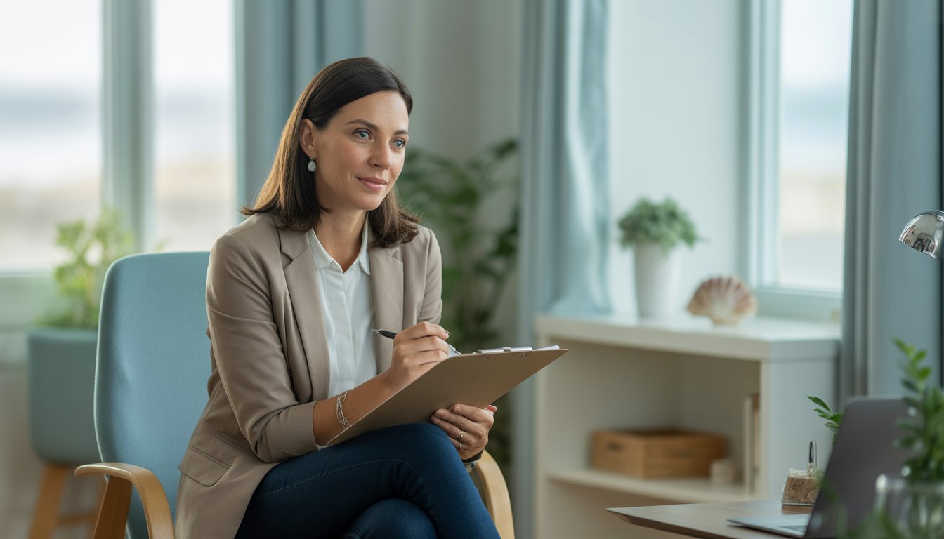 A female therapist attentively listening in a bright, calming office with plants and soft natural light.