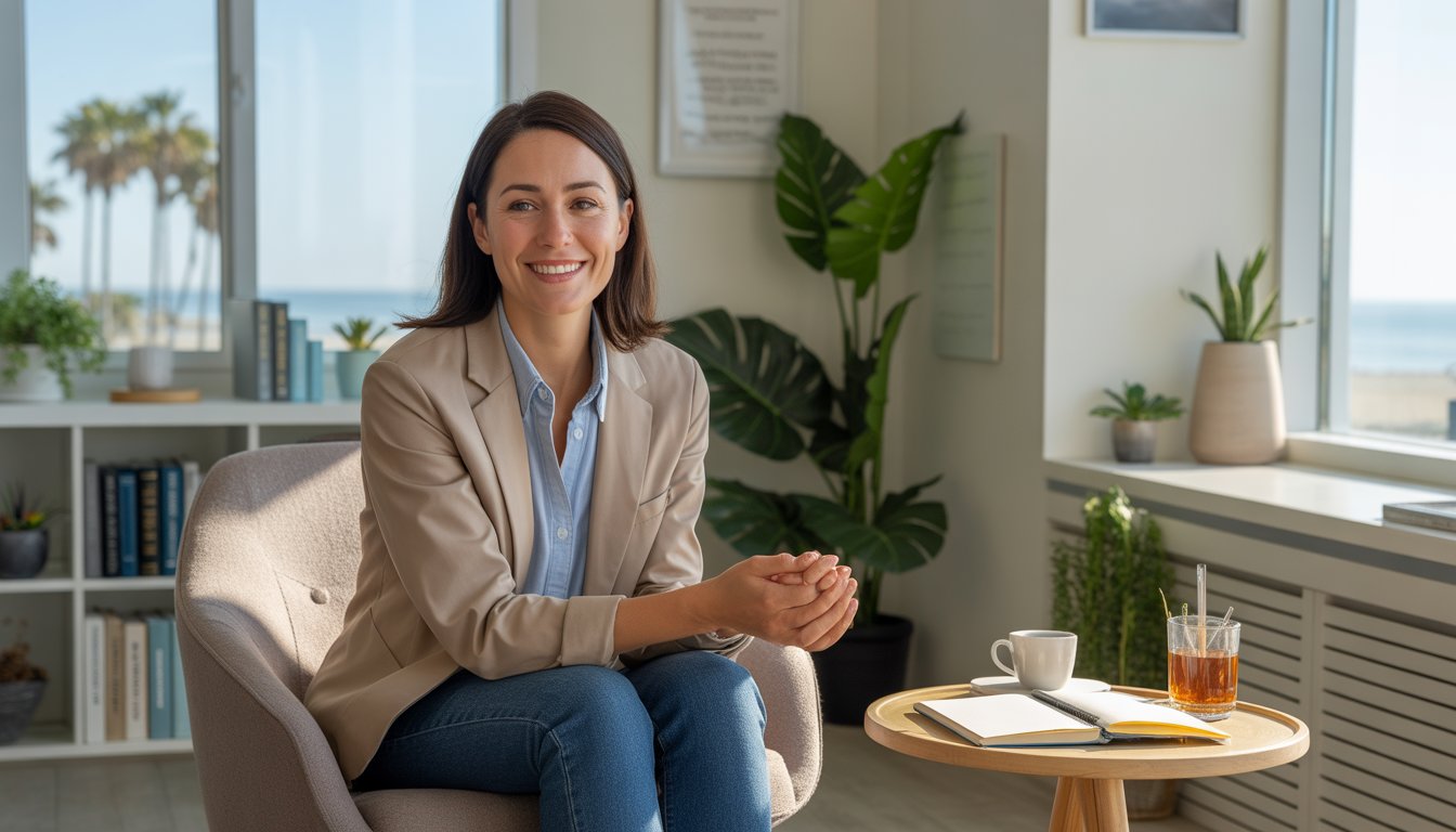 A female therapist sitting comfortably in a bright office with plants and books, smiling warmly.