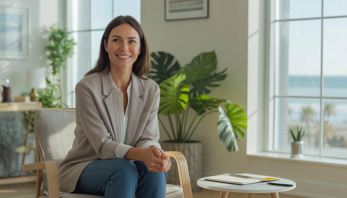 A female therapist sitting in a bright, comfortable office with large windows and plants, smiling warmly.