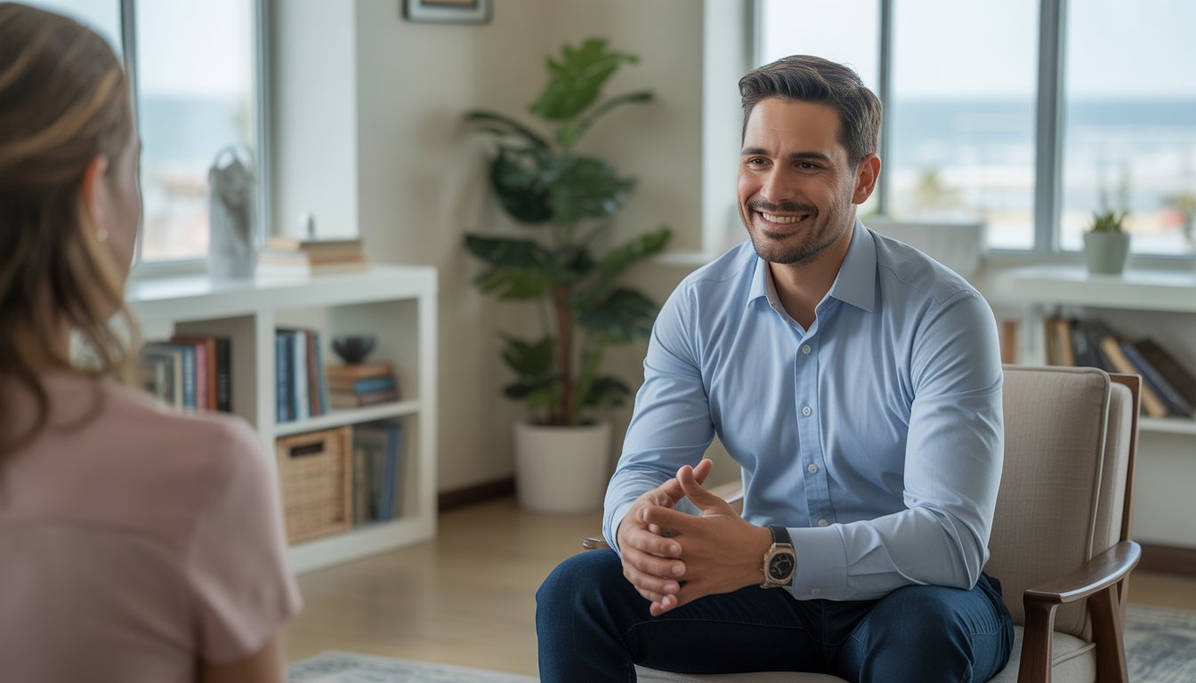 A male therapist sitting in a modern therapy office, talking warmly with a client, with a window showing a coastal city view in the background.