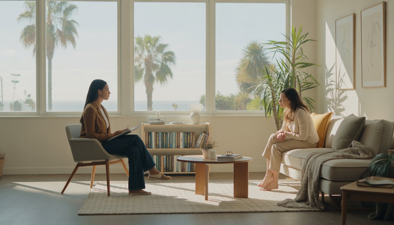 A therapist and client having a conversation in a bright, comfortable therapy office with a view of palm trees outside.