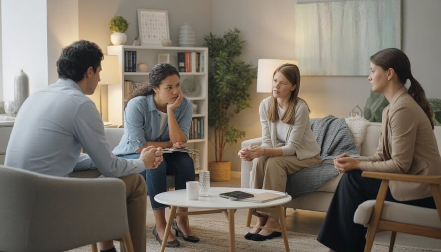 A therapist and client having a calm conversation in a bright, comfortable counseling office.